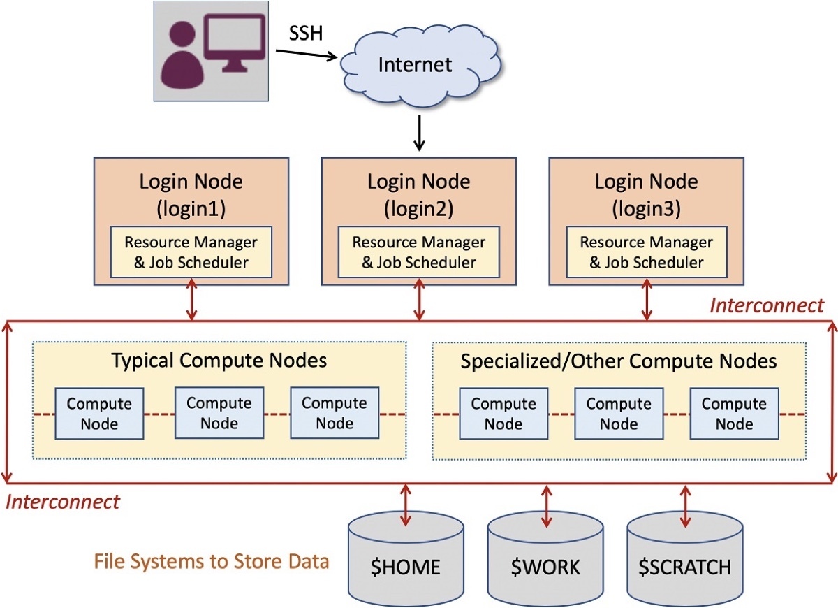 Frontera System Diagram: user connects to one of 3 login nodes through SSH over the internet; from there, the user can schedule jobs on typical or specialized compute nodes, which are connected to each other and to file systems via an interconnect.