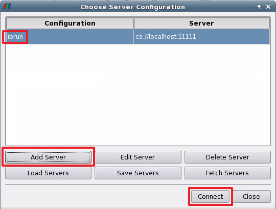 SParaView's Server Configuration choosing dialog with highlighted UI elements