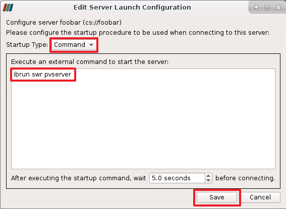 ParaView's Server Launch Configuration dialog with highlighted UI elements