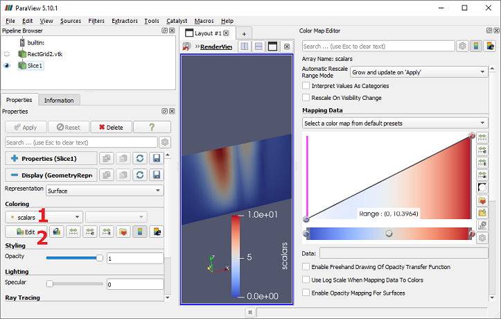 ParaView with the Color Map Editor displayed and highlighted elements of the Display properties