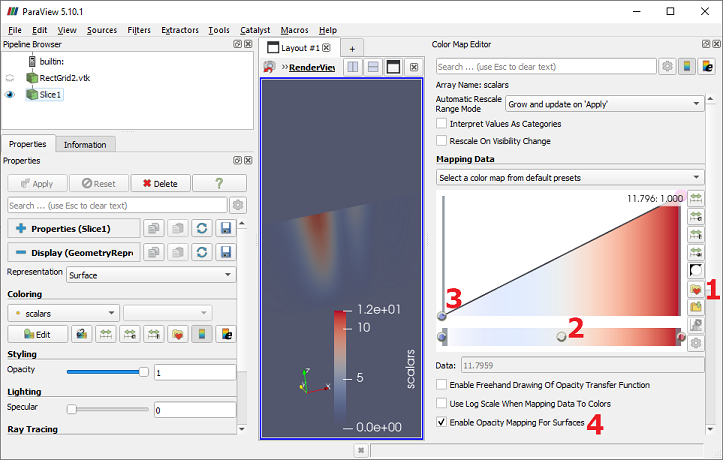 ParaView with highlighted elements of the Color Map Editor