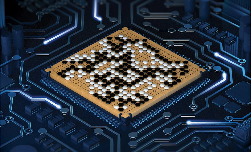 An image of a Go board that appears to be a chip at the middle of an integrated circuit