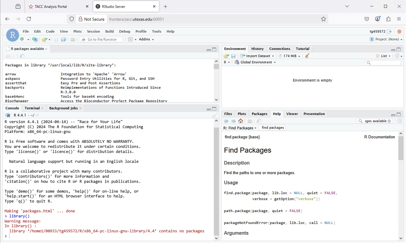 image of RStudio running in a browser on Frontera via the TACC Analysis Portal, showing the standard RStudio panes for files, console, etc