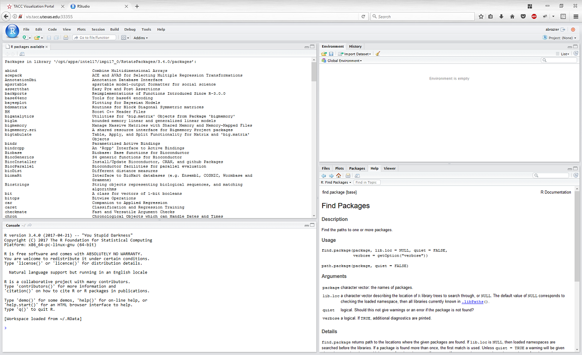 image of RStudio running in a browser on Stampede2 via the TACC Visualization Portal, showing the standard RStudio panes for files, console, etc