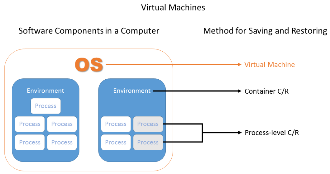 Types of CR illustrated in relation software component hierarchy: from the OS to individual processes. VM selected.