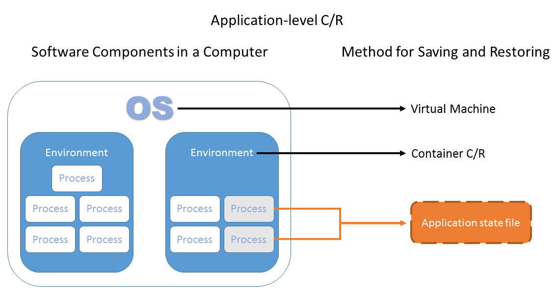 Types of CR illustrated in relation to the software component hierarchy: from the OS to individual processes. The Application level is highlighted.