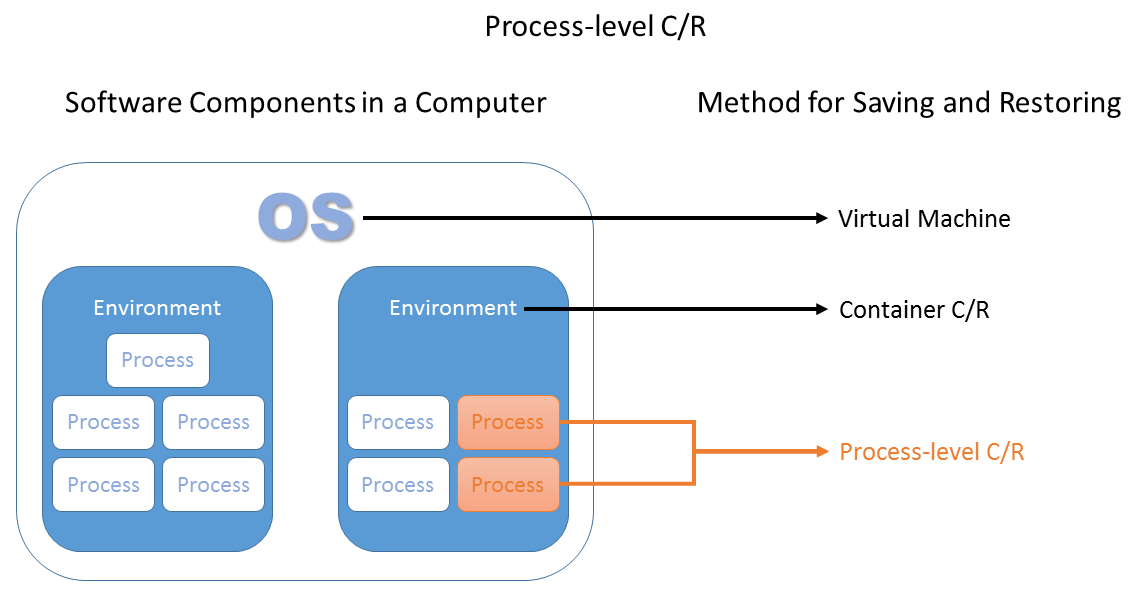 Types of CR illustrated in relation to the software component hierarchy: from the OS to individual processes. The process level is highlighted.