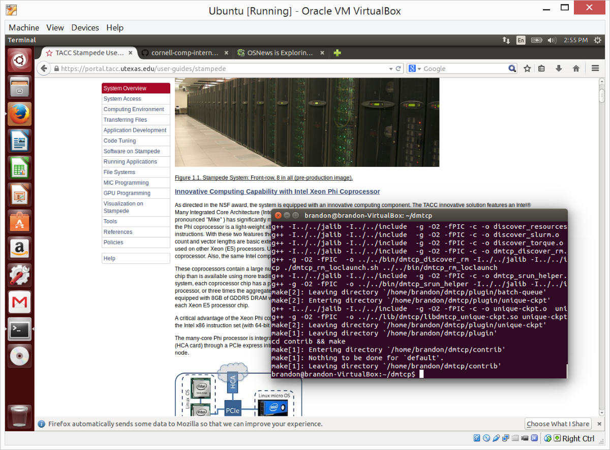 A screenshot of Ubuntu Linux running in VirtualBox on Windows 8.