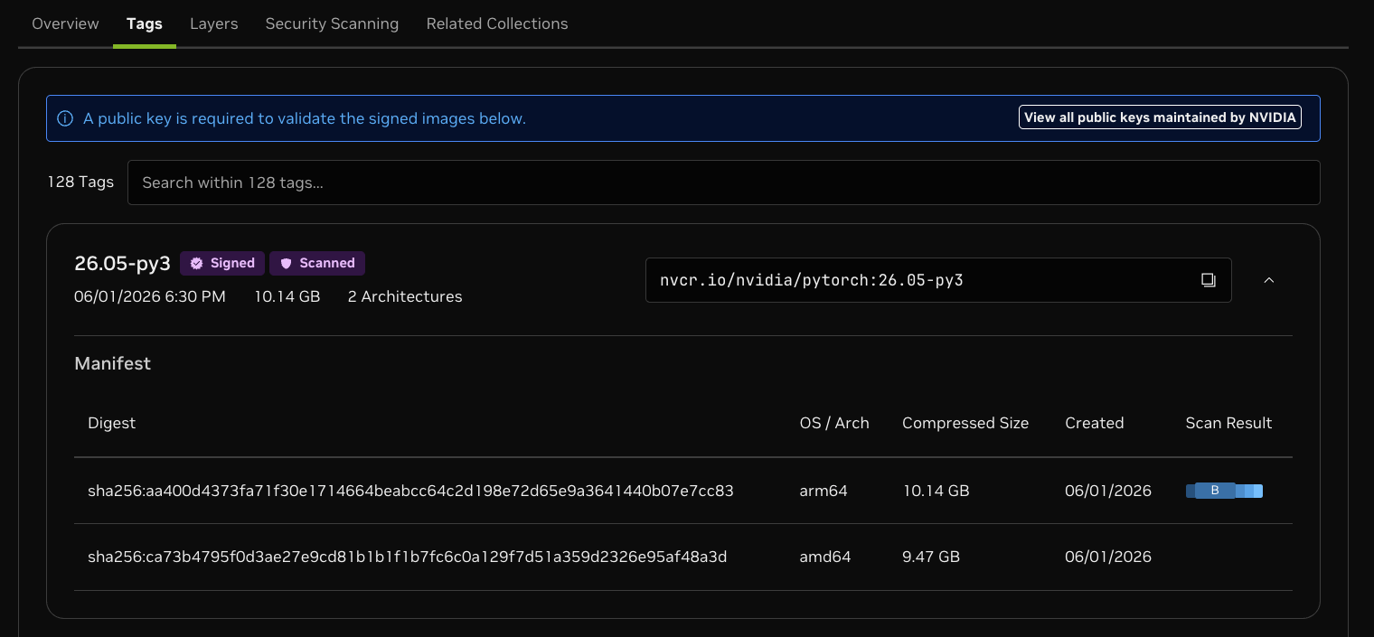 PyTorch tags page on the NGC Catalog