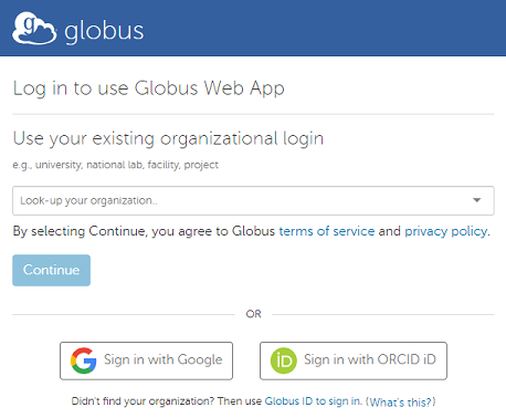 Screen shot of the Globus login web page