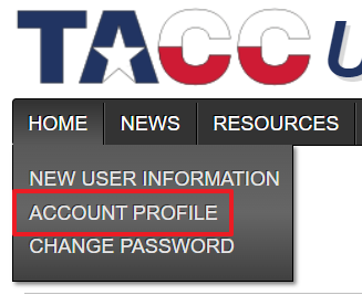 Screenshot of the TACC User Portal web page Home menu.