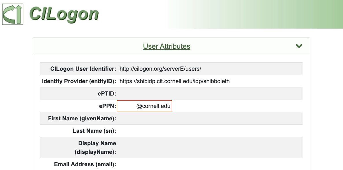 Screenshot of the cilogin.org user attribute web page.