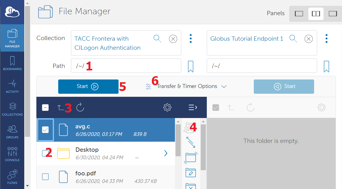 Annotated screen shot of the File Manager page highlighting UI elments.