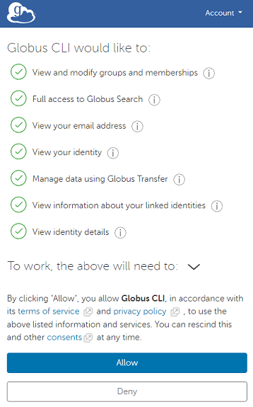 a screen shot of the Globus consent web page.