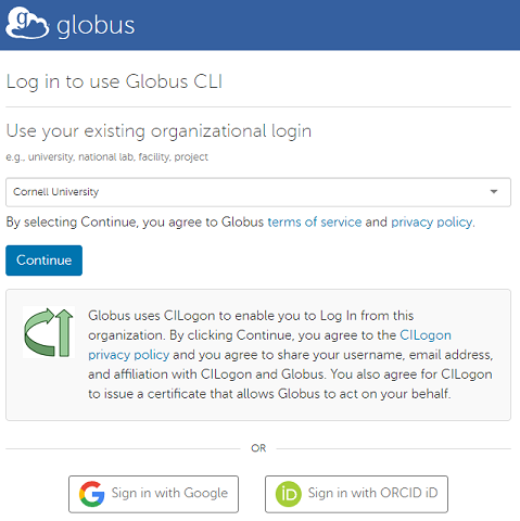 A screen shot of the Globus login web page with an organization selected in the dropdown.