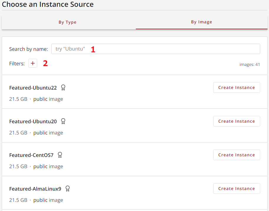 The 'By Image' tab of Jetstream2's 'Choose an Instance' Source view