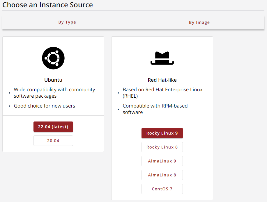 The 'By Type' tab of Jetstream2's 'Choose an Instance' Source view