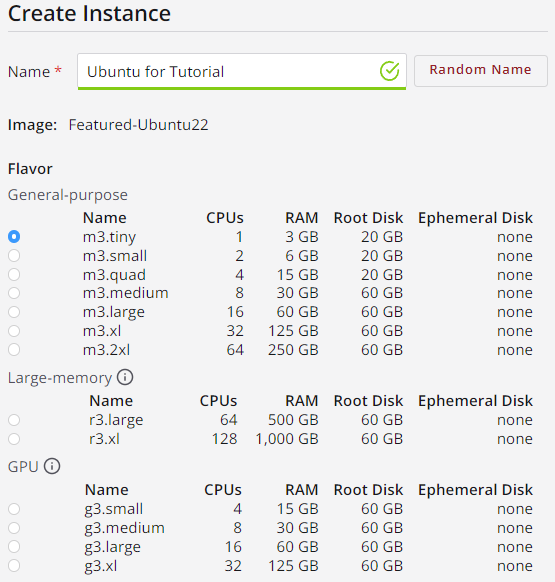 The first part of the configuration options for creating an instance