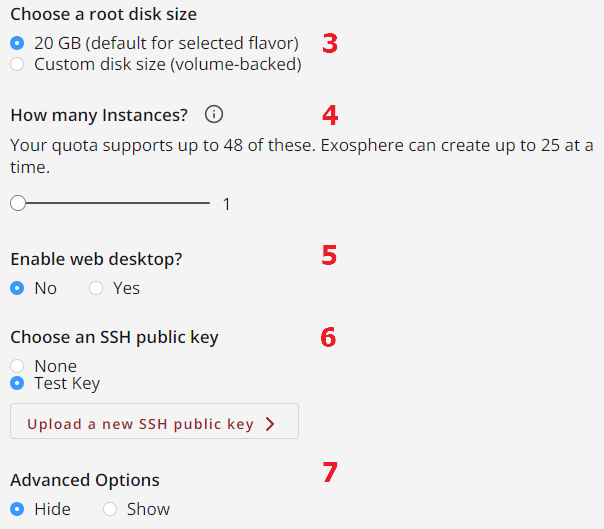 The second part of the configuration options for creating an instance