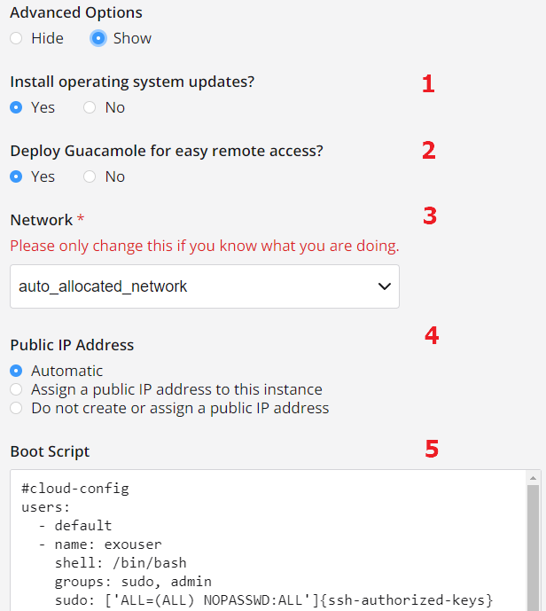 The advanced part of the configuration options for creating an instance