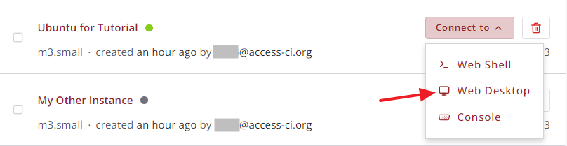 The Web Desktop item in the Instances - 'Connect to' menu