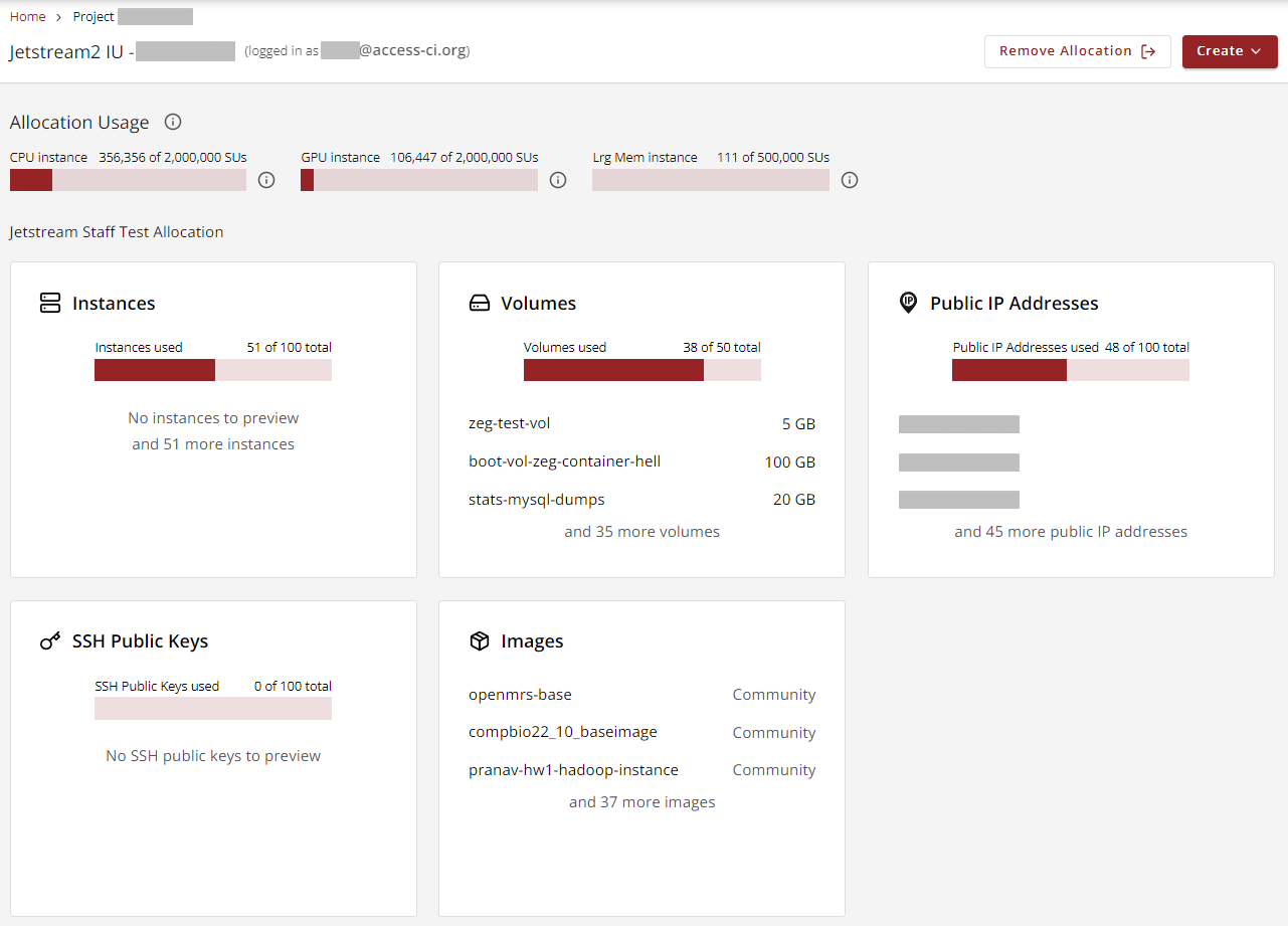 The Jetstream2 Exosphere dashboard displaying the contents of the current allocation