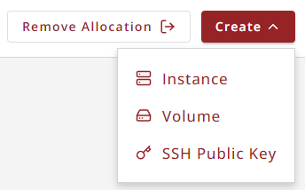 An expanded view of the Exosphere allocation dashboard's Create menu