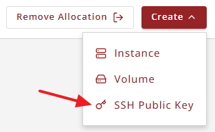 The dashboard's expanded Create menu showing the SSH Public Key option