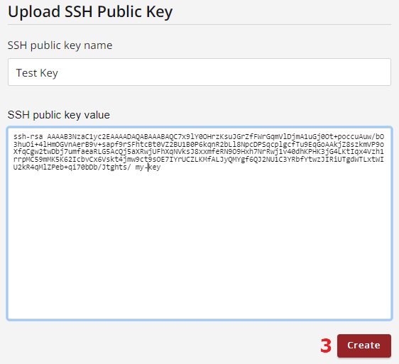 The SSH Public Key creation view after all values have been entered
