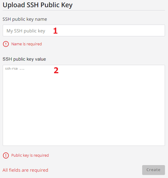 The SSH Public Key creation view before any values have been entered