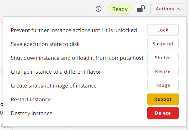 The Actions menu of an instance's details page