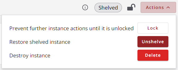 The Actions menu of an instance's details page