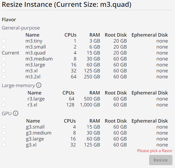 Dashboard view for choosing the new flavor of an instance