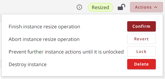 Actions menu for confirming or reverting a resize operation