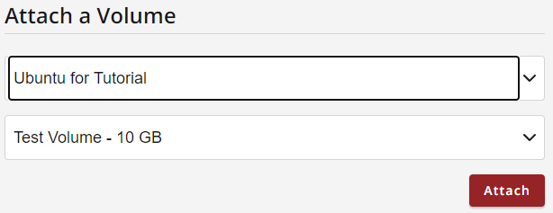 The Attach a Volume view for selecting either the volume or instance