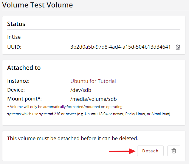 The volume details view with Detach button highlighted