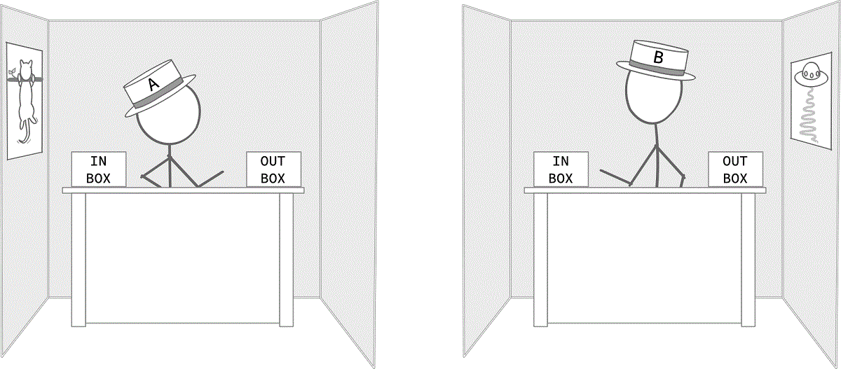 Two office cubicles, each occupied by one worker.