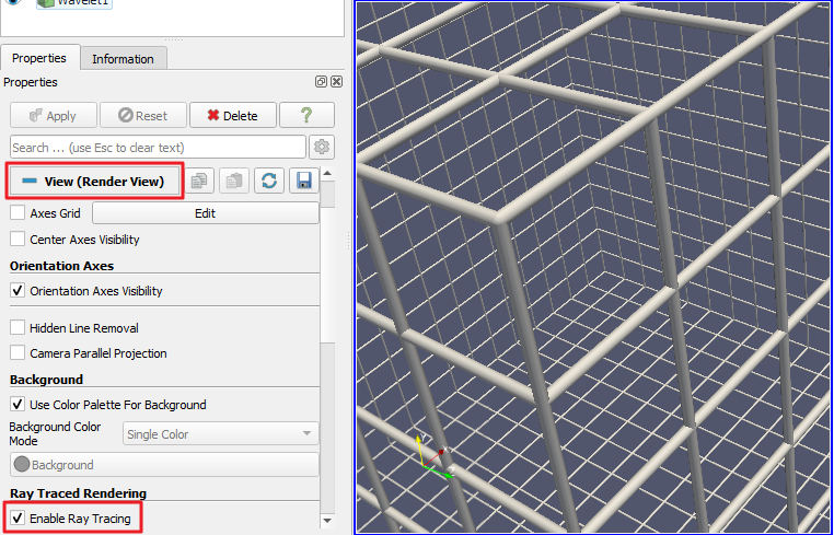 ParaView's OSPRay rendering of a wireframe grid, with highlighting of UI elements