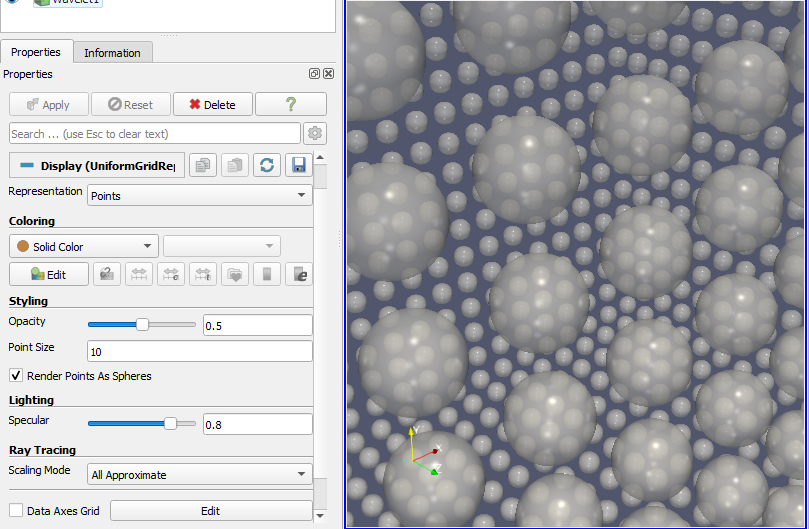 ParaView's OSPRay rendering of transparent and specular-shaded procedural spheres