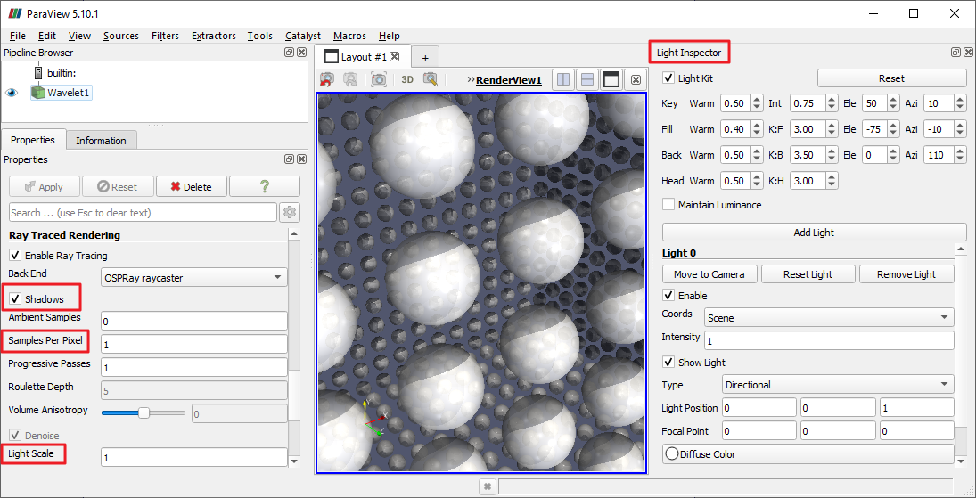 ParaView's OSPRay rendering of spheres with shadows, with highlighting of UI elements