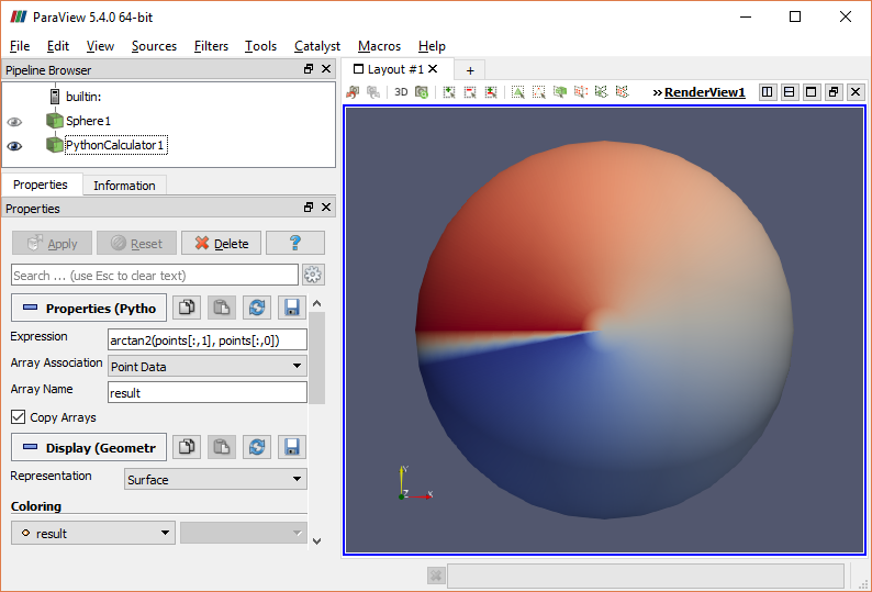 ParaView displaying a sphere colored using a new data array from a Python Calculator filter