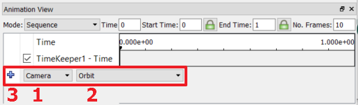 ParaView's Animation View with UI elements highlighted