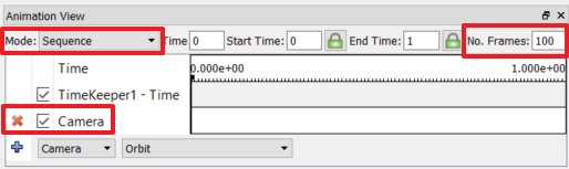 ParaView's Animation View in Sequence mode with UI elements highlighted