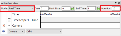 ParaView's Animation View in Real Time mode with UI elements highlighted