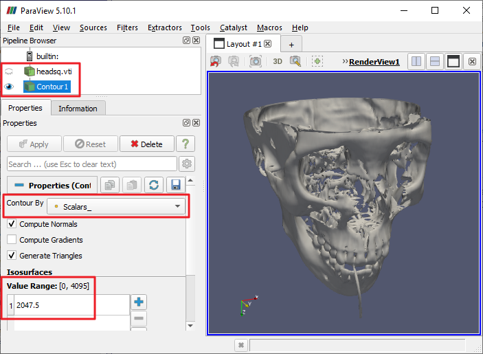 ParaView displaying a default contour visualization of the head data, plus highlighted UI elements