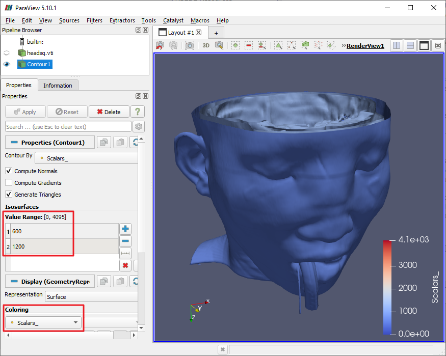 ParaView displaying two contours derived from the head data, plus highlighted UI elements