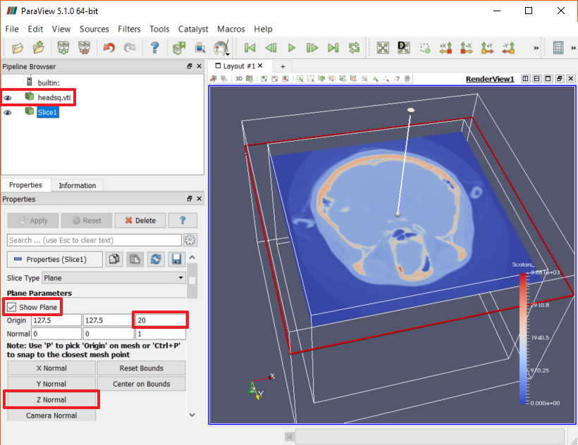 ParaView with a Slice filter applied to grid data, plus highlighted UI elements