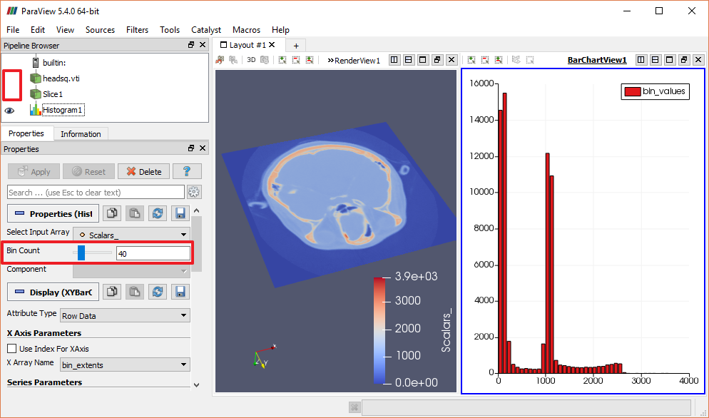 ParaView with both a Render view and a Bar Chart view showing a higher resolution histogram