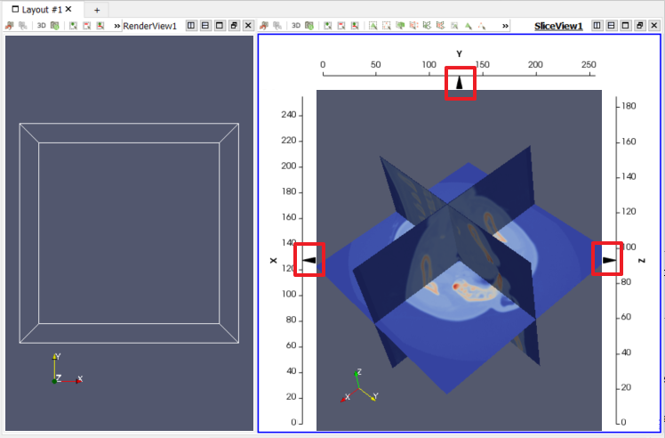 A ParaView layout containing both a Render View and a Slice View