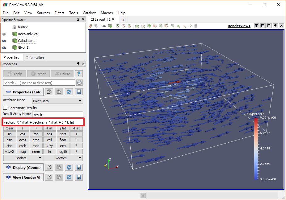 ParaView with a Glyph filter based on a new data array from a Calculator filter